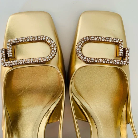 ZARA Embellished Block Heel Slingback Shoes Gold - Picture 14 of 15